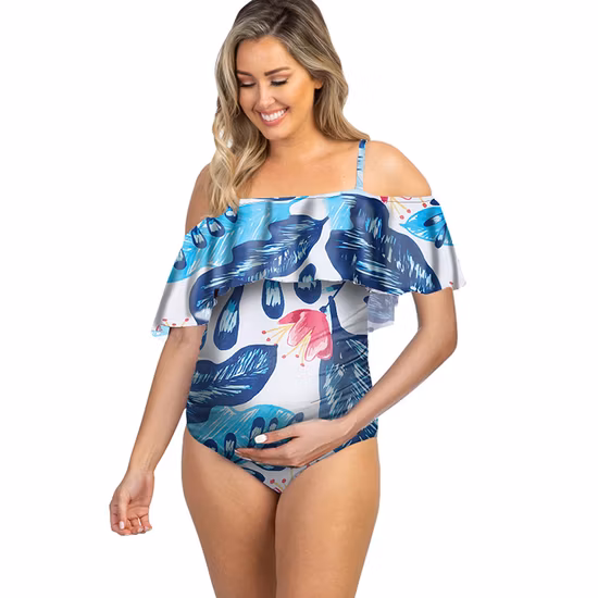 Sexy Fashoin Frauen Blumendruck Schwangere Designer Bademode Einteiler Umstandsmode Große Rüschen schulterfrei Outdoor-Bikini Beachwear