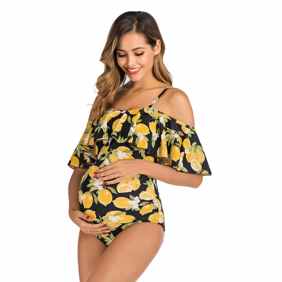 Badebekleidung für Schwangere, Umstandsmode, große Rüsche, One-Shoulder-Strandkleidung mit gelbem Zitronenaufdruck